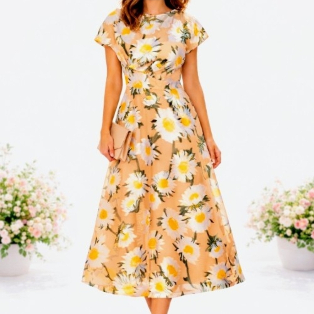 Lela Rose Sunflower Print Beige Midi Dress Boatneck Draped Bodice MSRP $1890 NWT - Picture 14 of 16